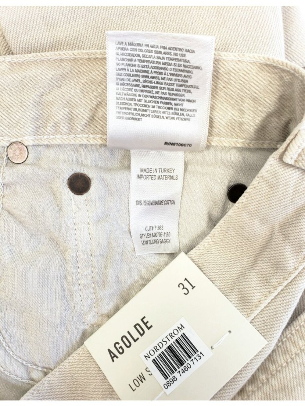 AGOLDE Low Slung Baggy Womens Rigid Cotton Wide Leg Jeans Beige Size 31 - Picture 5 of 6